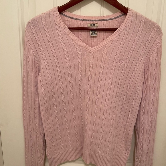 Izod Womens Pink Cable Knit V-Neck Sweater L/G 100% Cotton - Picture 1 of 5